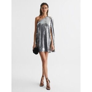 REISS EVA SEQUIN CAPE ONE SHOULDER MINI DRESS NWT SILVER METALLIC SIZE US 10